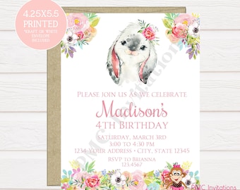 Custom PRINTED 4.25X5.5 Watercolor Pink Floral, Bunny Rabbit Birthday Invitation, envelope included