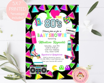 Impreso 5x7" 80's Baby Shower Invitación, Me encanta la invitación de Baby Shower de los 80. Años 80, Baby Shower, con sobres