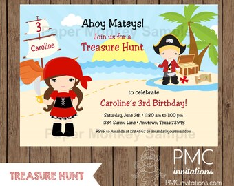 Custom Printed Boy or Girls Treasure Hunt, Pirate  Birthday Invitations - 1.00 each with envelope