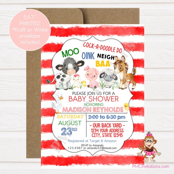 Custom PRINTED 5X7" Watercolor Barn Baby Shower Invitation, Farm Animals Baby Shower Invitation - 1.00 each with envelope