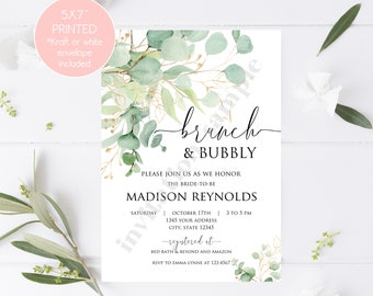 Custom Printed 5x7" Brunch and Bubbly Greenery Bridal Shower Invitation, Eucalyptus, Gold, Bridal Shower Invitation with envelopes