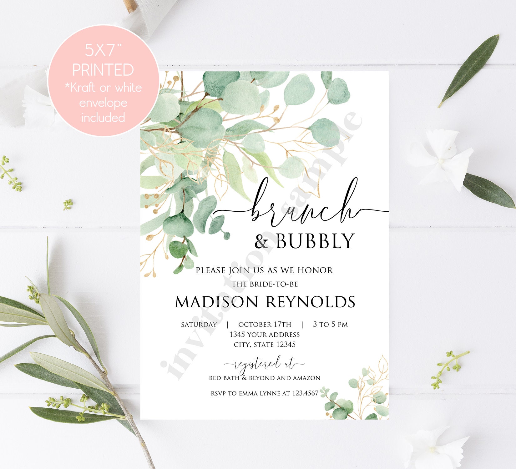 Custom Printed 5x7 Brunch and Bubbly Greenery Bridal Shower Invitation Eucalyptus Gold Bridal Shower Invitation with