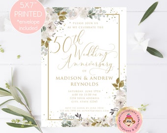 Printed 5X7" Watercolor White Floral 50th Anniversary Invitations, Greenery Floral, 50th Wedding Anniversary, Fifty Years, envelope included