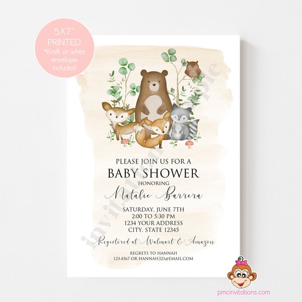 Custom Printed 5X7 Woodland Baby Shower Invitation, Gender Neutral Baby Shower, Watercolor Woodland Baby Shower, with envelopes