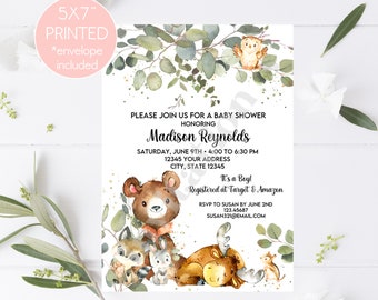 PRINTED 5X7 Woodland Baby Shower Invitation, Gender Neutral Baby Shower, Watercolor Woodland Baby Shower, Greenery Woodland, with envelopes