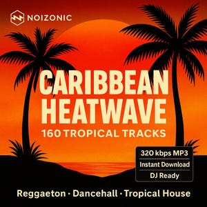 May include: Digital album cover with a tropical theme. The title "CARIBBEAN HEATWAVE" is in large white letters, with palm trees silhouetted against a sunset. The album includes 160 tropical tracks, with Reggaeton, Dancehall, and Tropical House music.
