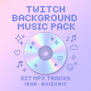 Puede incluir: Un paquete de música digital para fondos de Twitch. La imagen presenta un CD holográfico con iconos decorativos como corazones, estrellas y notas musicales. El texto dice "Twitch Background Music Pack", "527 MP3 Tracks" y "16 GB". El fondo es un degradado de morado y rosa.