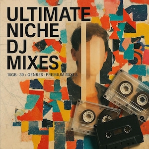 May include: A vintage-style promotional image for DJ mixes. The design features the text "ULTIMATE NICHE DJ MIXES" in bold black letters, with a collage of colorful paper fragments and cassette tapes. The image includes the text "16GB - 30+ GENRES - PREMIUM MIXES".