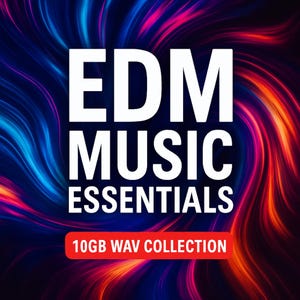 Puede incluir: Diseño gráfico digital con el texto "EDM MUSIC ESSENTIALS" en blanco sobre un fondo dinámico de líneas azules, rojas y naranjas. El texto "10GB WAV COLLECTION" está en un rectángulo rojo.
