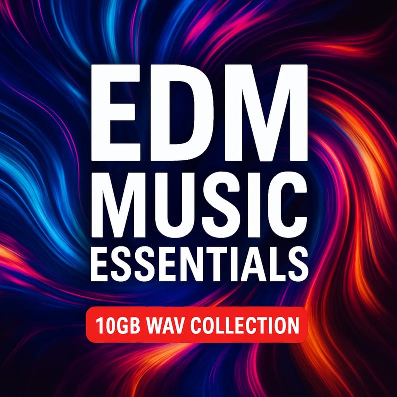 May include: A digital graphic featuring the white text EDM MUSIC ESSENTIALS centered over a swirling background of blue, purple, and orange light streaks. Below the main text, a red rectangular banner displays the text 10GB WAV COLLECTION.