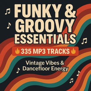 May include: A retro-style graphic with the words "FUNKY & GROOVY ESSENTIALS" in large white letters. Below, it says "335 MP3 TRACKS" in a red box. The background features wavy lines in orange, teal, and brown, with musical notes.