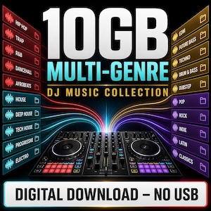 Puede incluir: Un controlador de DJ negro se sitúa bajo el texto 10GB MULTI-GENRE DJ MUSIC COLLECTION y DIGITAL DOWNLOAD - NO USB. Dos listas verticales de géneros musicales con iconos de carpetas flanquean el centro, iluminadas por estelas de luz.