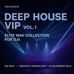 May include: A digital product cover with the text "DEEP HOUSE VIP VOL. 1" in large white letters. Below, it reads "ELITE WAV COLLECTION FOR DJS." The background features blue and purple laser beams and a sound wave graphic.