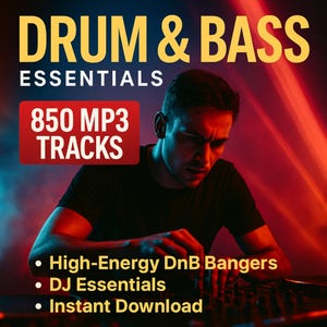 May include: Promotional image for a Drum & Bass music pack. A man in a black shirt is operating DJ equipment. Text includes "DRUM & BASS ESSENTIALS," "850 MP3 TRACKS," "High-Energy DnB Bangers," "DJ Essentials," and "Instant Download."