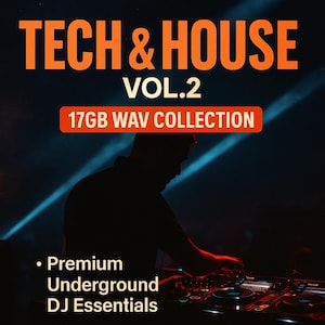 以下が含まれることがあります： テクノ＆ハウス音楽コレクション、Vol. 2のプロモーション画像。DJのシルエットが特徴です。「17GB WAV COLLECTION」と「Premium Underground DJ Essentials」のテキストが、オレンジと白のフォントで暗い背景に表示されています。