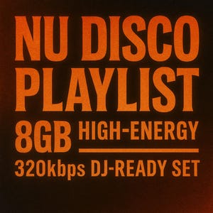May include: Orange text on a black background reads "NU DISCO PLAYLIST" above "8GB HIGH-ENERGY 320kbps DJ-READY SET". The text is in a bold, sans-serif font, with a textured appearance.