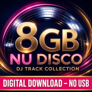 Può includere: Una grafica digitale con il testo 8GB NU DISCO DJ TRACK COLLECTION in lettere dorate e rosa su uno sfondo scuro con un motivo circolare a palla da discoteca. Un banner rosa brillante in basso mostra il testo DIGITAL DOWNLOAD - NO USB.