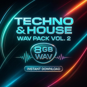 Könnte beinhalten: Digitalgrafik mit den Worten "TECHNO & HOUSE" in einer leuchtenden, türkisfarbenen Schrift. Darunter steht "WAV PACK VOL. 2" und enthält eine Grafik mit "8GB WAV" und "SOFORT-DOWNLOAD". Der Hintergrund hat Neonlinien.