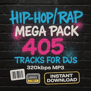 Puede incluir: Un muro de ladrillos negro con texto estilo grafiti: "HIP-HOP/RAP MEGA PACK 405 TRACKS FOR DJS". El texto es blanco, rosa y azul. Incluye un código de barras y un gráfico de "DESCARGA INSTANTÁNEA".