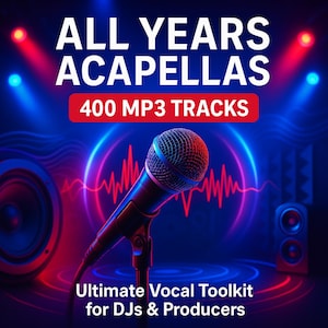 Può includere: Grafica digitale che promuove un toolkit vocale per DJ e produttori. L'immagine presenta un microfono davanti a un grafico a onde sonore, con il testo "ALL YEARS ACAPELLAS" e "400 MP3 TRACKS". Lo sfondo è una sfumatura di blu e rosso.