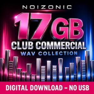 May include: A digital product graphic featuring the text NOIZONIC 17GB CLUB COMMERCIAL WAV COLLECTION with a metallic pink and silver font. Below the text is a graphic of vertical bars in pink and blue, and a bottom banner stating DIGITAL DOWNLOAD - NO USB.