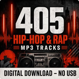 May include: A digital graphic featuring the large white text 405, followed by the red text HIP-HOP & RAP and MP3 TRACKS. Below, a black and white boombox illustration sits against a red and black city skyline. The bottom reads DIGITAL DOWNLOAD - NO USB.