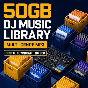 May include: A 50GB DJ music library digital download featuring multi-genre MP3 files. The image displays a black DJ controller alongside several yellow and blue plastic crates filled with square records, each showing a white sound wave graphic.