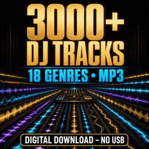 Puede incluir: Una colección digital de más de 3000 pistas de DJ en 18 géneros en formato MP3. El gráfico muestra texto dorado que dice 3000+ DJ TRACKS y texto azul que indica 18 GENRES • MP3, con un mezclador de DJ central y líneas de ondas sonoras.