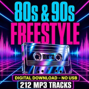 May include: A metallic cassette tape graphic centered against a neon background with the text 80s & 90s FREESTYLE in large letters. Below the tape, a black rectangular label displays the text DIGITAL DOWNLOAD – NO USB and 212 MP3 TRACKS.