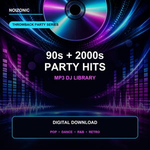 May include: A digital download graphic for a 90s and 2000s party hits MP3 DJ library by Noizonic. The design features a central compact disc, neon blue and purple light streaks, a sound equalizer, and text reading Digital Download, Pop, Dance, R&B, Retro.