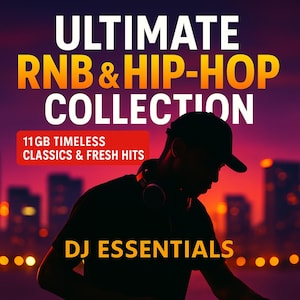 Pode incluir: Imagem promocional para uma coleção de música. As palavras "ULTIMATE RNB & HIP-HOP COLLECTION" estão em branco e laranja. Abaixo, lê-se "11GB TIMELESS CLASSICS & FRESH HITS". Uma silhueta de um DJ com fones de ouvido está em primeiro plano, com as palavras "DJ ESSENTIALS" na parte inferior.