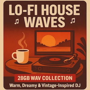 May include: A vintage-inspired graphic with the text "LO-FI HOUSE WAVES" and musical notes. The image features a coffee cup, a record player, and a sunset scene. The text "28GB WAV COLLECTION" is also present.