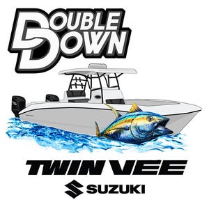 May include: A white boat with the words "Double Down" and "Twin Vee" on it. The boat is in the water with a blue and yellow fish jumping out of the water. The boat has a Suzuki motor.