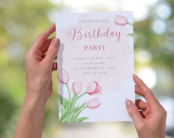 Invitación floral de cumpleaños: Cumpleaños de mujer, Día de la Madre (CANVA EDITABLE, IMPRIMIBLE, Descarga instantánea)