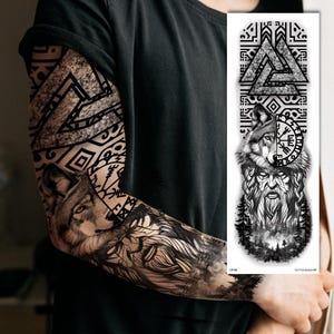 May include: Black and white temporary tattoo featuring a wolf, a man with a beard, and a geometric design. The tattoo is designed to be applied to the arm.