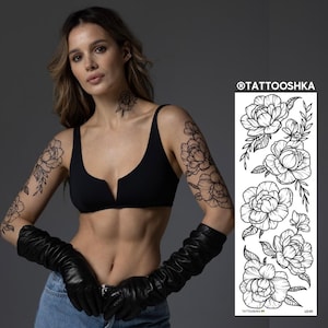 Peonies black and white (LD-01). Temporary tattoos. Party tattoos. Kids tattoos. Custom design. Realistic. Tattoo Sleeve. Arm Sleeve