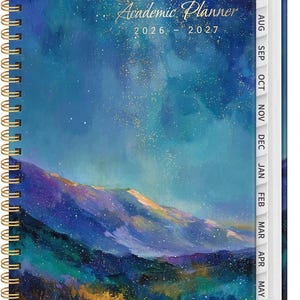 May include: A spiral-bound academic planner for 2026-2027 featuring a cover with a painted night sky, stars, and mountain landscape in shades of blue, purple, and gold. The side includes white monthly tabs labeled from July through June.
