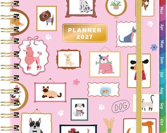 2027 Planner Weekly & Monthly - Cute Dog and Cat Pink Hardcover A5 Size Spiral Academic Agenda with Tabs (Jan - Dec 2027)
