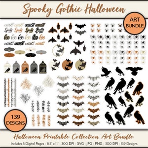 Puede incluir: Un paquete de arte digital con 139 diseños de Halloween góticos y espeluznantes. Los diseños incluyen murciélagos, arañas, cuervos, jaulas y ramas. Los diseños son en negro, blanco, gris, marrón y naranja.