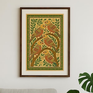 May include: A framed print depicting five birds on branches, with a green and yellow colour scheme. The birds are orange and yellow, set against a backdrop of green leaves and a yellow background. The frame is dark brown.