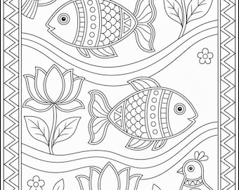 Madhubani Coloring Pages | Family Folk Art Designs (PDF Download)