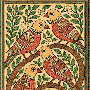May include: An illustrated artwork depicting five birds with yellow heads and red patterned bodies, perched on a tree branch. The image is framed with a green and gold border, and includes green leaves and white flowers. The style is decorative.