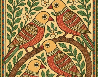 May include: A decorative illustration featuring five stylized birds perched on a tree branch. The birds have yellow heads and red patterned bodies. The artwork is framed with a green and gold border, and includes green leaves and white flowers.