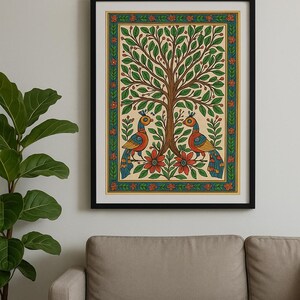 May include: Framed artwork depicting a tree with green foliage and two colourful birds. The birds display blue, orange, and yellow plumage. Red flowers and a green border frame the artwork, set against a cream background.