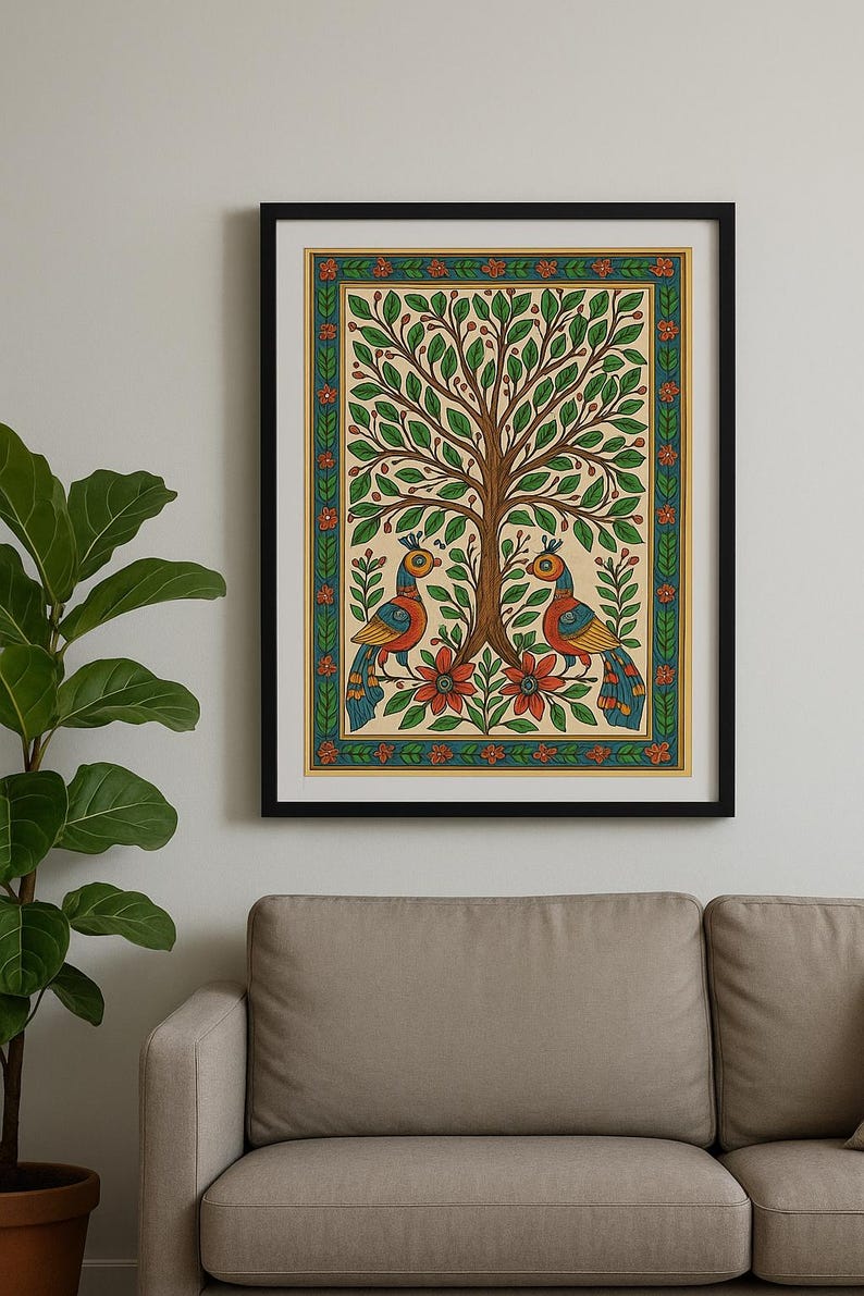 May include: Framed artwork depicting a tree with green foliage and two colourful birds. The birds display blue, orange, and yellow plumage. Red flowers and a green border frame the artwork, set against a cream background.