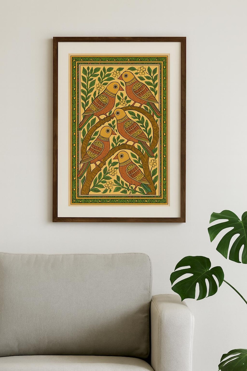 May include: A framed print depicting five birds on branches, with a green and yellow colour scheme. The birds are orange and yellow, set against a backdrop of green leaves and a yellow background. The frame is dark brown.