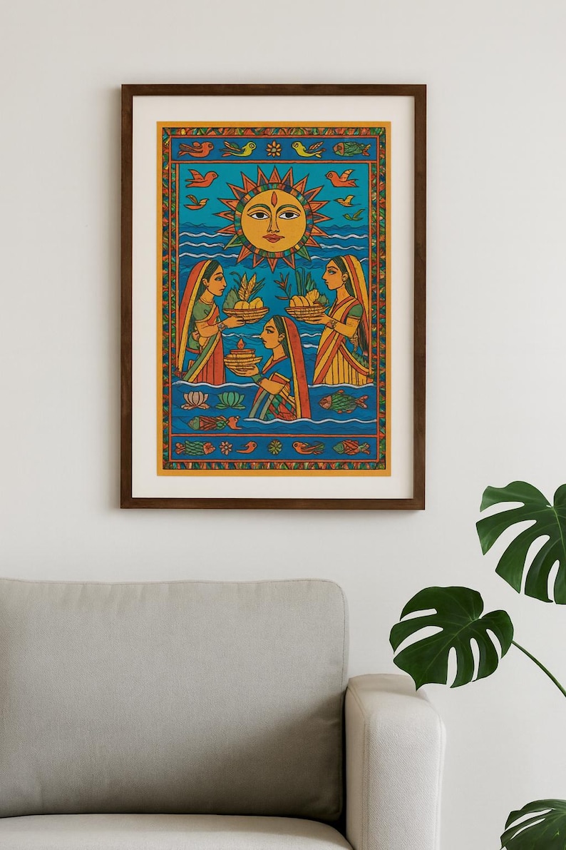 May include: A framed art print with a colourful illustration of a religious scene. The artwork shows three women in traditional dress offering baskets of fruit and flowers to a large sun. The background is bright blue with decorative elements.