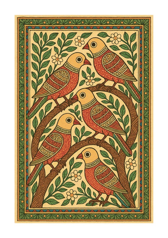 Madhubani Art Prints Set of 4: Traditional Indian Folk Art (Digital Download A3 Size)