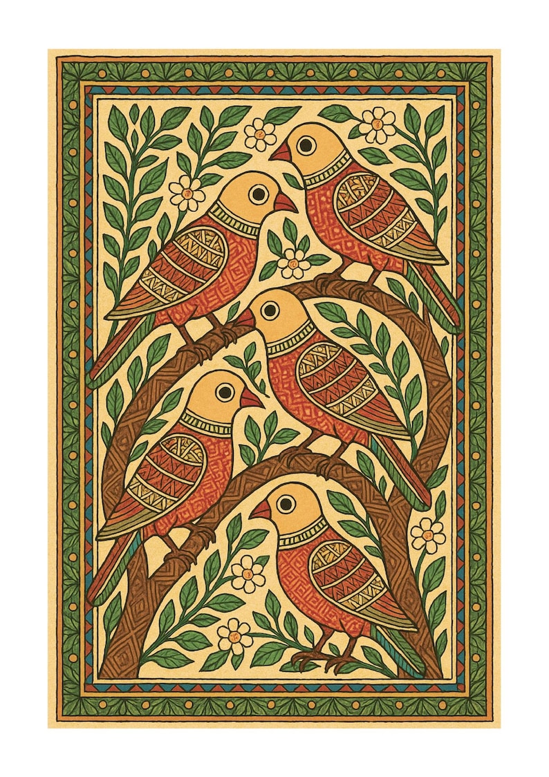 May include: An illustrated artwork depicting five birds with yellow heads and red patterned bodies, perched on a tree branch. The image is framed with a green and gold border, and includes green leaves and white flowers. The style is decorative.