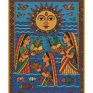 May include: A colourful folk art print showing three women in traditional dress, carrying baskets of fruit or a lit lamp. A large sun with a face shines above them, with birds and fish in the blue water. The border has a geometric pattern.